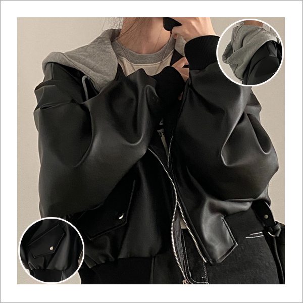 엔피로 트렌디한 캐주얼 루즈핏 후드 레이어드 숏한 여성 가죽 자켓