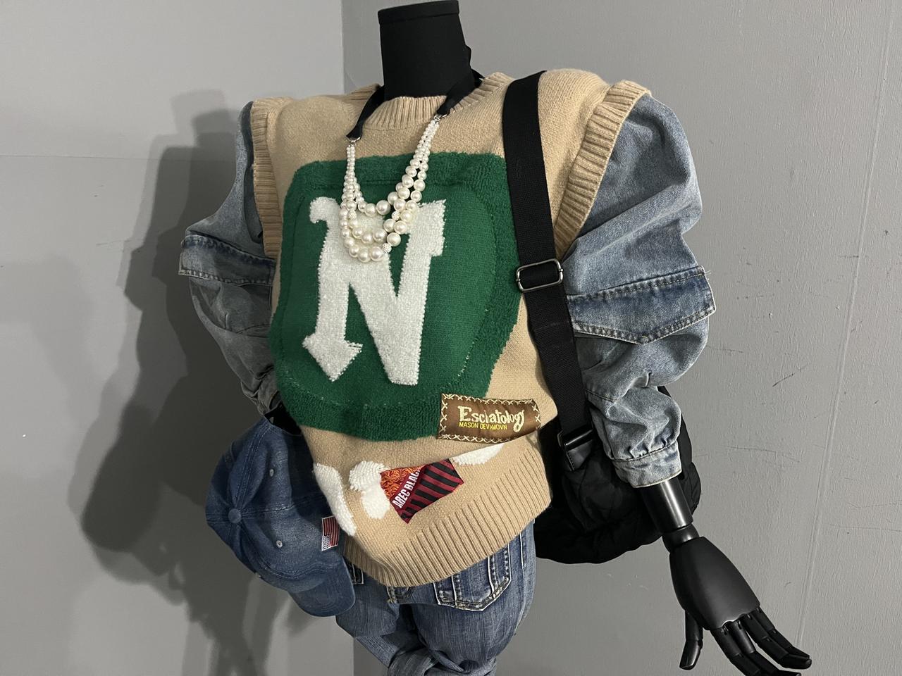 데님소매니트/데님콤비니트/니트