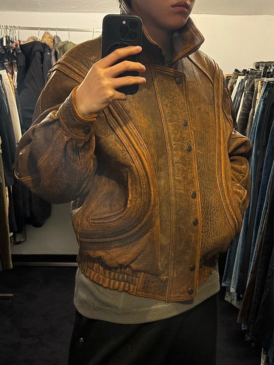 SK 레더 가죽 양가죽 카멜 브라운 빈티지 블루종 봄버 점퍼 하이넥 집업