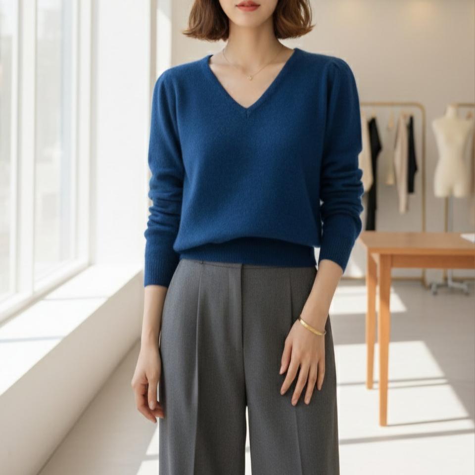 캐시미어 파인울 V넥 니트 여성 데일리 오피스룩 긴팔티 2컬러ㅡ무배