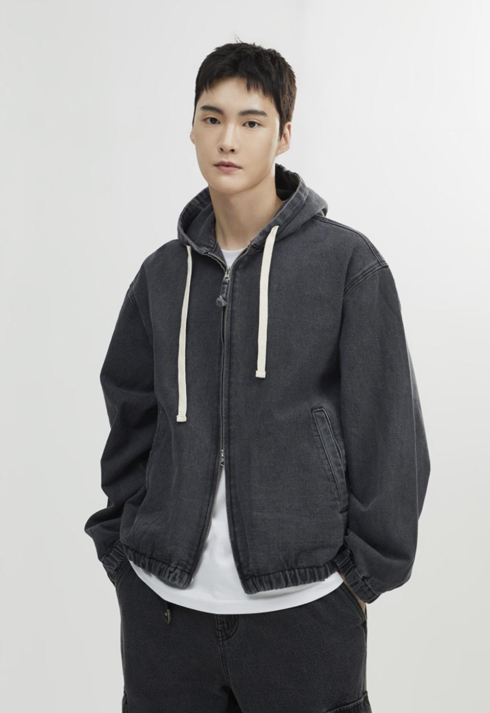 스파오 데님 후드 집업 워싱 자켓 다크 그레이