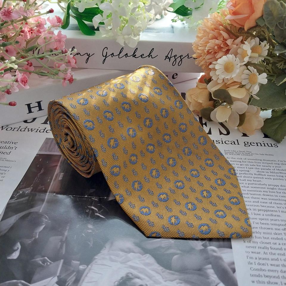 헌팅월드 실크 골드 코끼리 패턴 넥타이 9.9cm A+~A등급 K1449