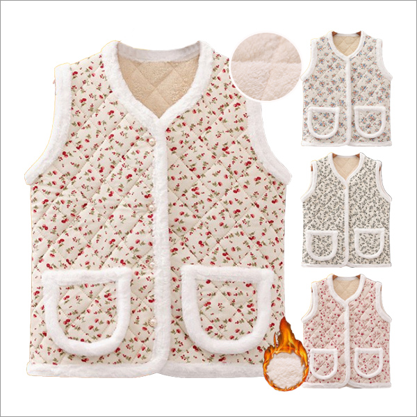 시에 사무실 스포츠활동 레트로 촌캉스 진주단추 꽃무늬 융털 포인트 조끼