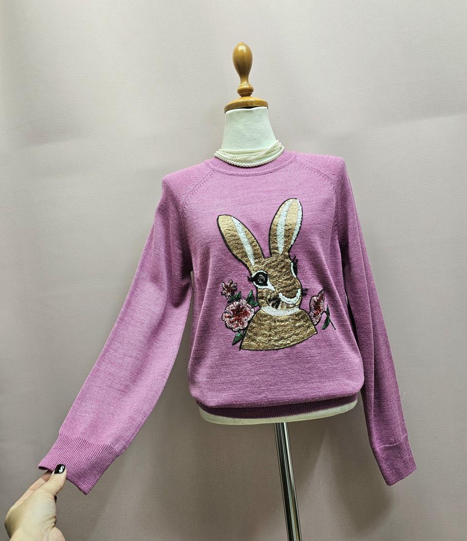 시에로 토끼 자수 스팽글 울 니트