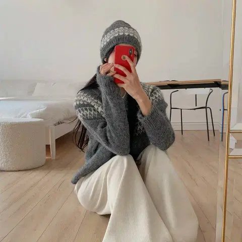 [새상품] 노르딕 울 니트 가디건 & 비니 모자 겨울투피스세트 루즈핏니트