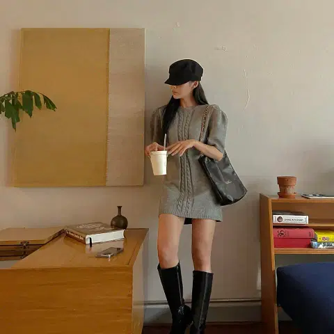 [새상품] 반팔 퍼프 꽈배기 미니 니트원피스 겨울 레이어드룩