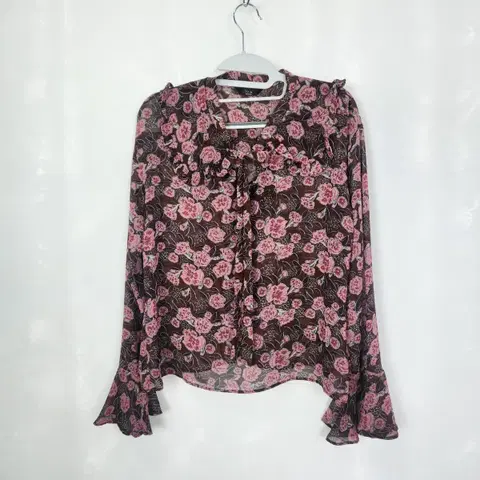 0392 플라워 프린트 브라운 쉬폰 블라우스 레이스 빅카라 프리사이즈