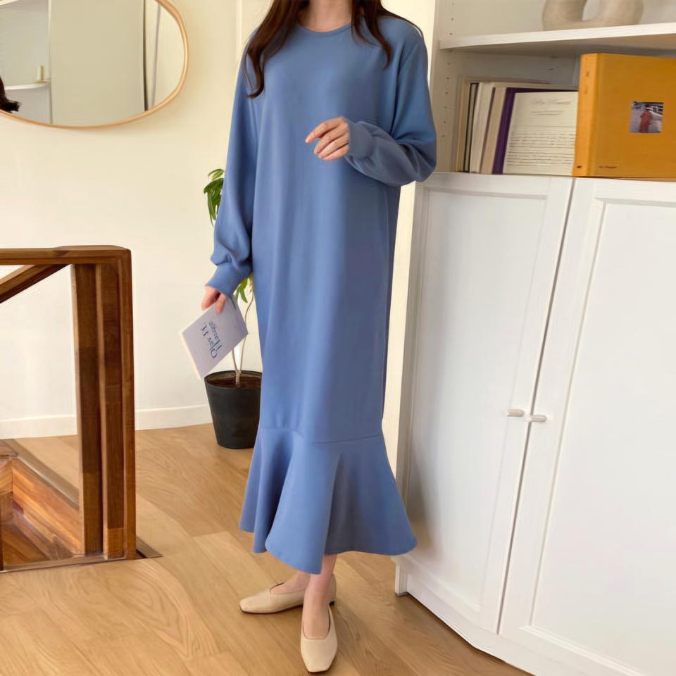 블루 머메이드 러플 기모안감 롱 원피스