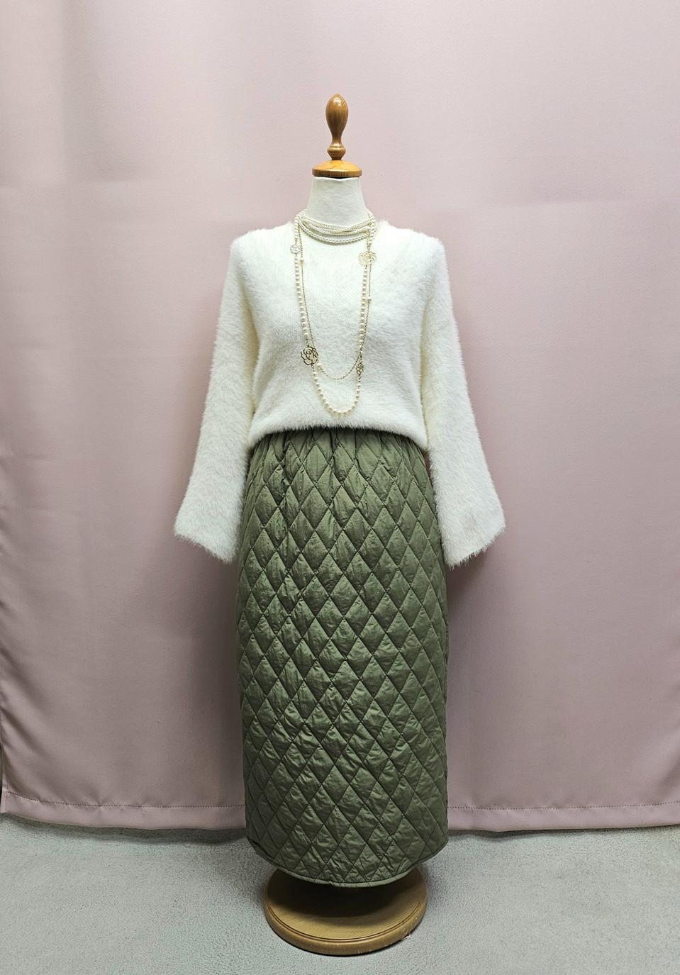 카키 퀼팅 패딩 롱스커트