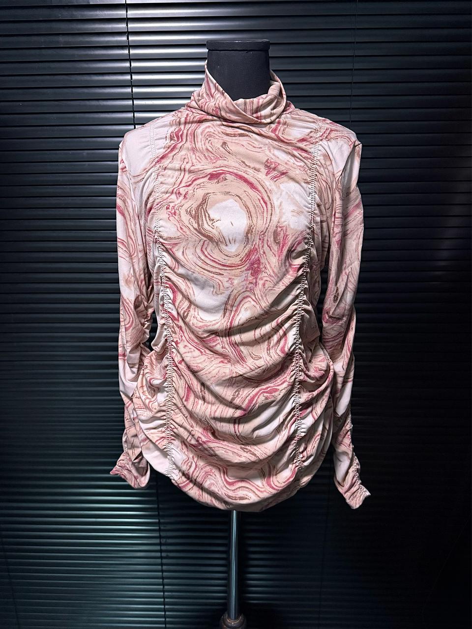 이상봉 에디션 쉬폰 셔링 긴팔 목폴라 반목 모크 핑크 타이다이 터틀넥 M