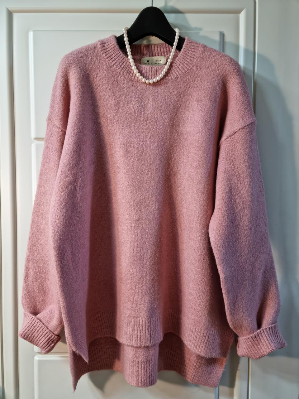 핑크 오버핏 박시 언발 라운드 니트