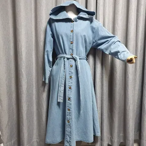 후드 허리끈 데님 맥시원피스