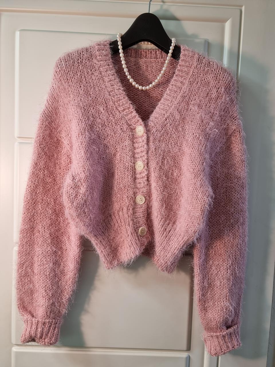 핑크 부클 퍼 니트 크롭 가디건