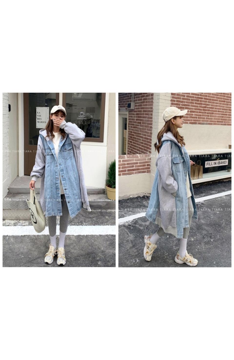 오버핏 후드 데님 롱 자켓