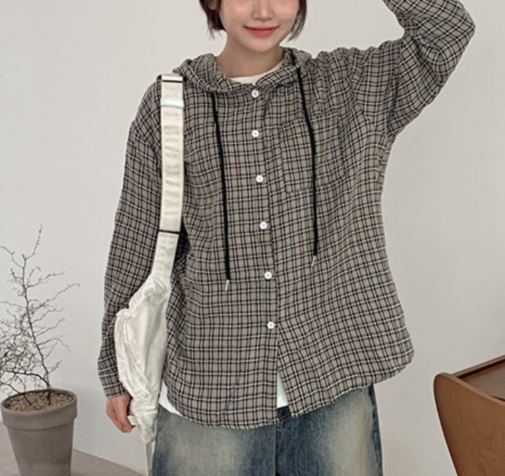 새상품)오버핏체크후드남방