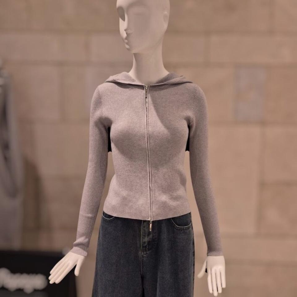 잔골지 니트 후드 집업 그레이