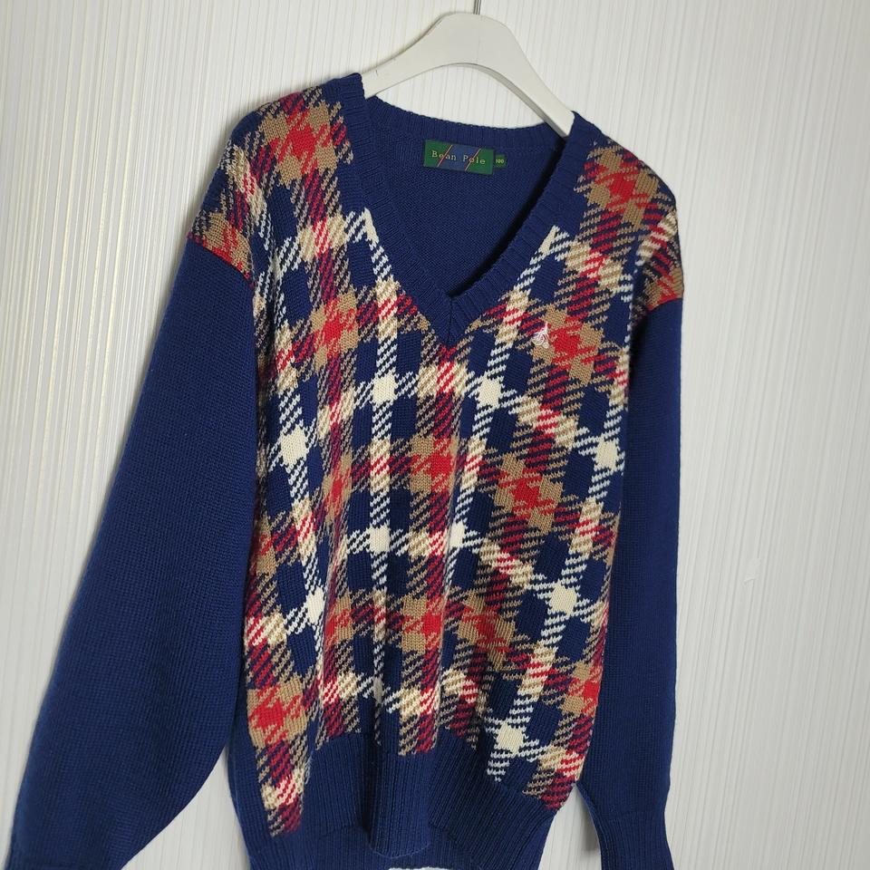 100_빈폴 울 니트 V넥 체크배색 네이비 제일모직