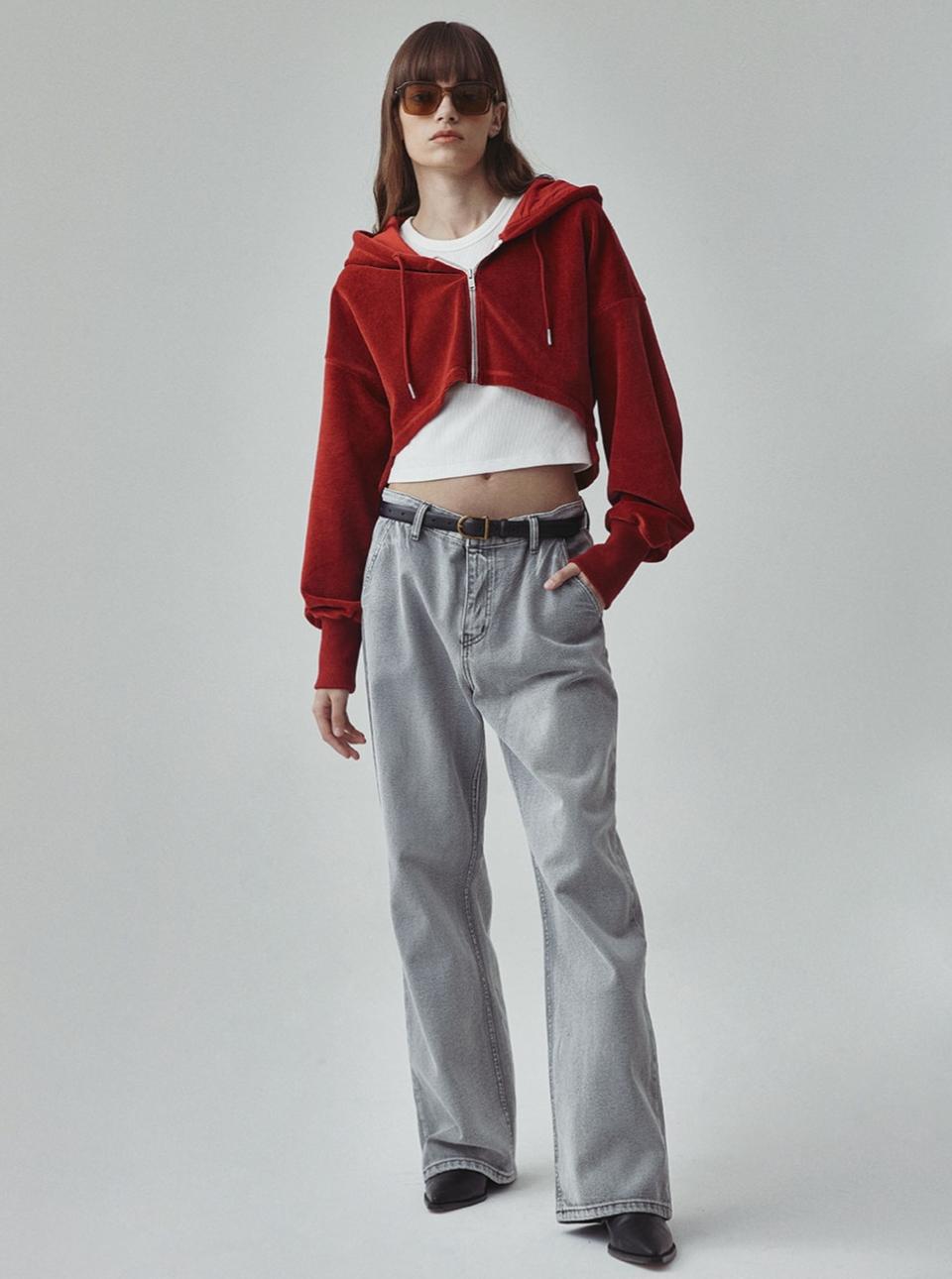 메그제이 벨벳 크롭 후드집업