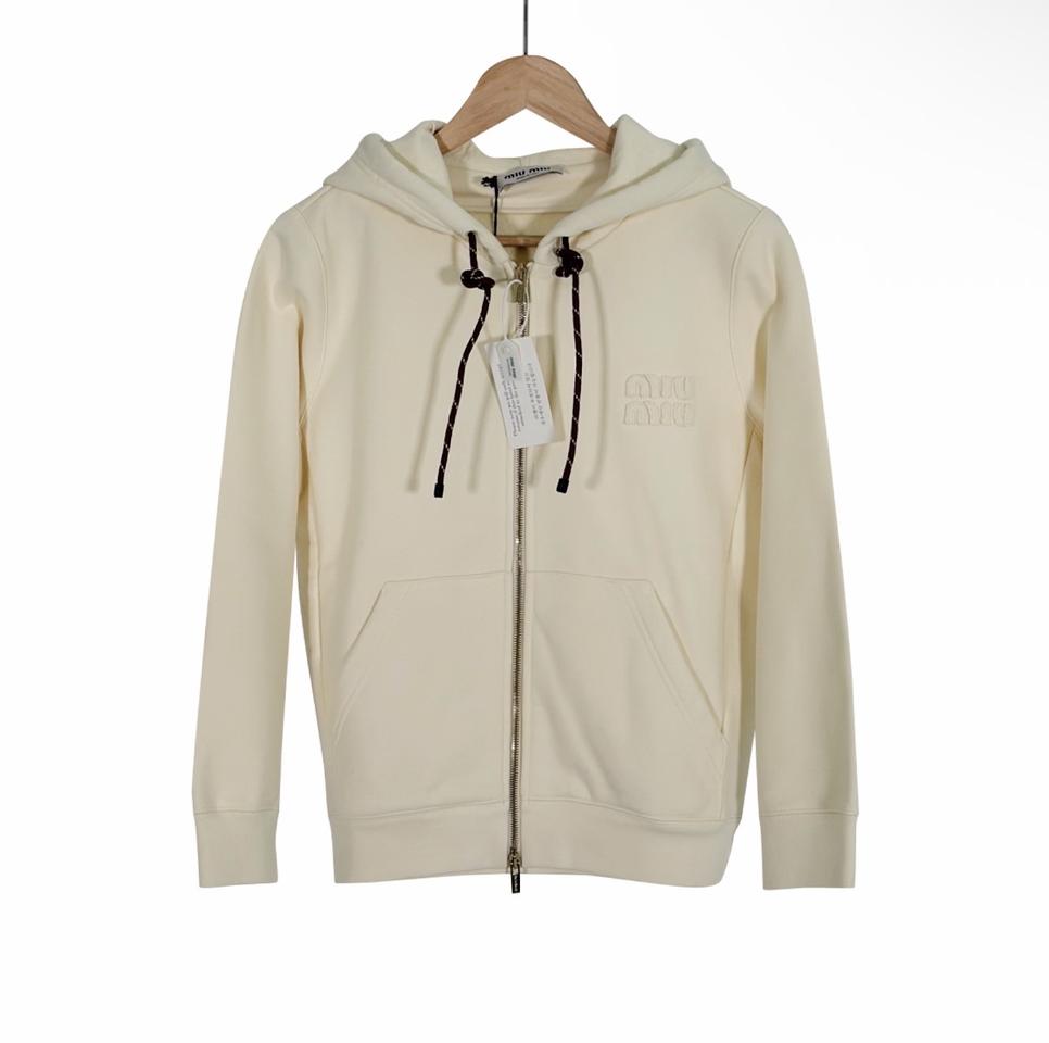 [M] 미우미우 여성 코튼 로고 플리스 지퍼 후드 집업 자켓 내츄럴 크림