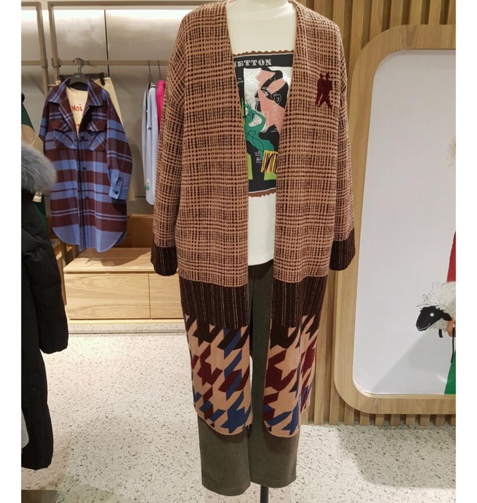 베네통 체크 패턴 롱 가디건