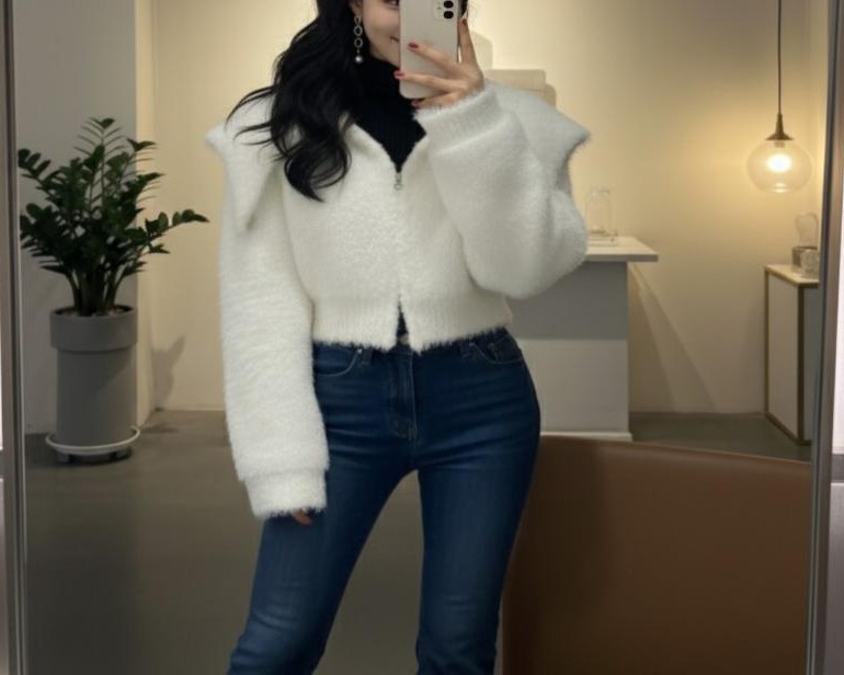 여리핏 빅카라 퍼 니트 크롭 집업(2color)ㅡ무배