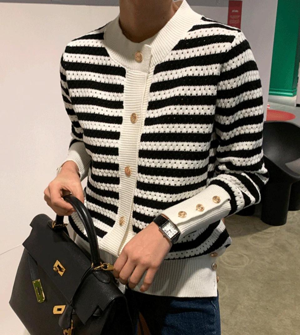 M&S 울 스트라이프 금장 가디건