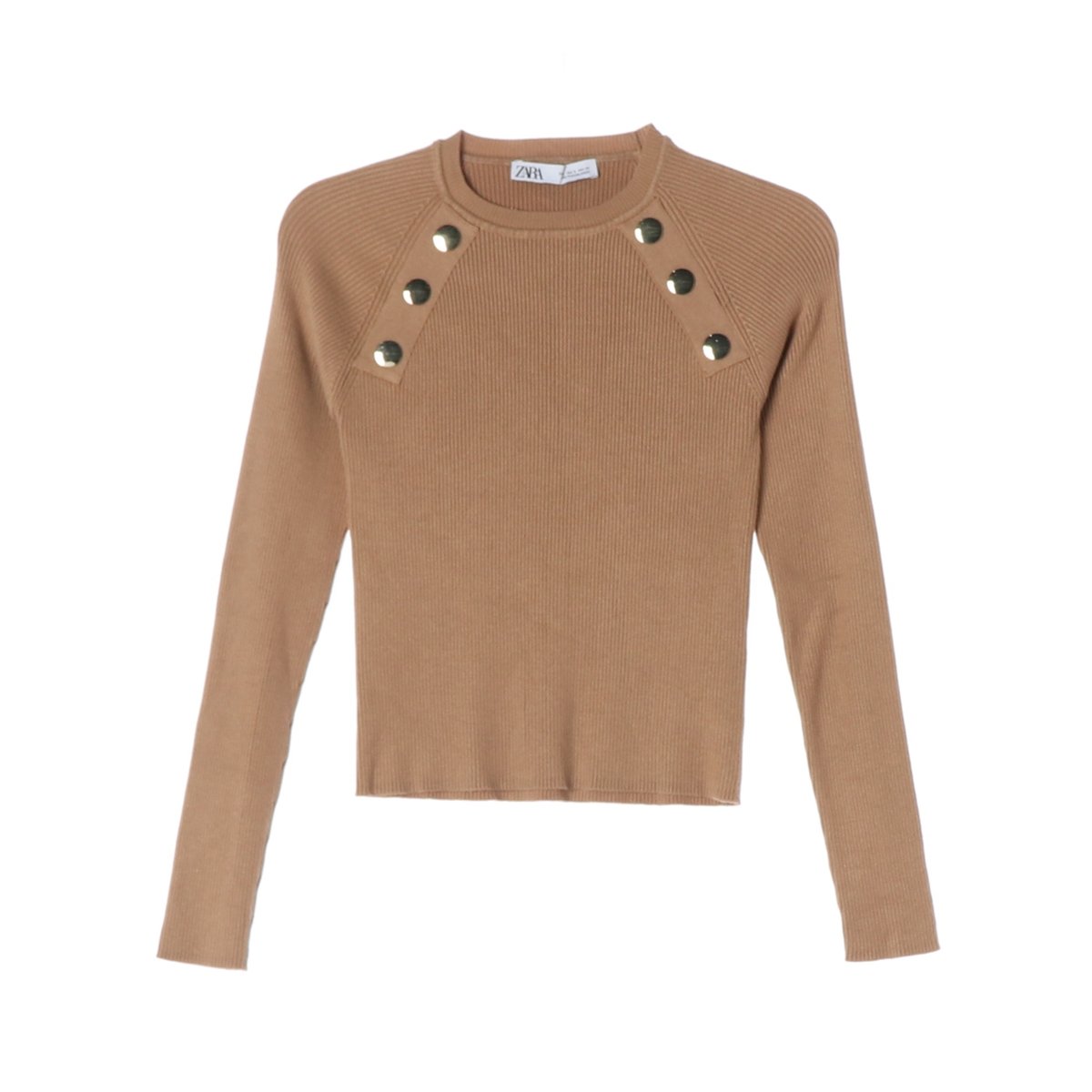 자라 숄더 버튼 골지 레글런 니트 긴팔 티셔츠 베이지 S