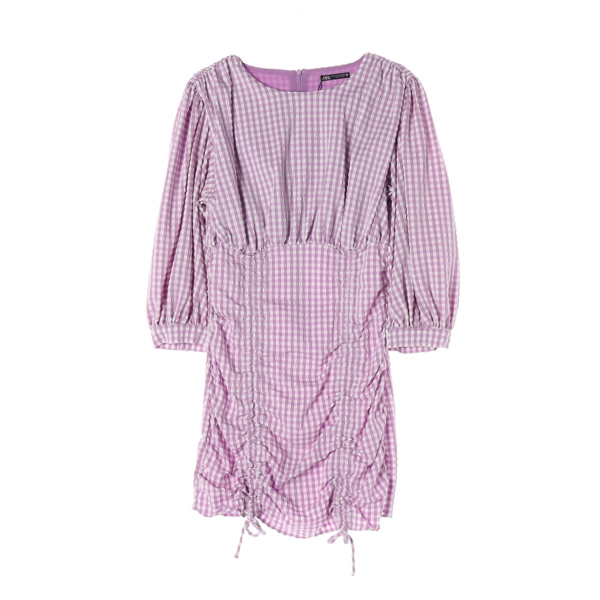 (새상품)자라 깅엄체크 셔링 원피스 라벤더 M