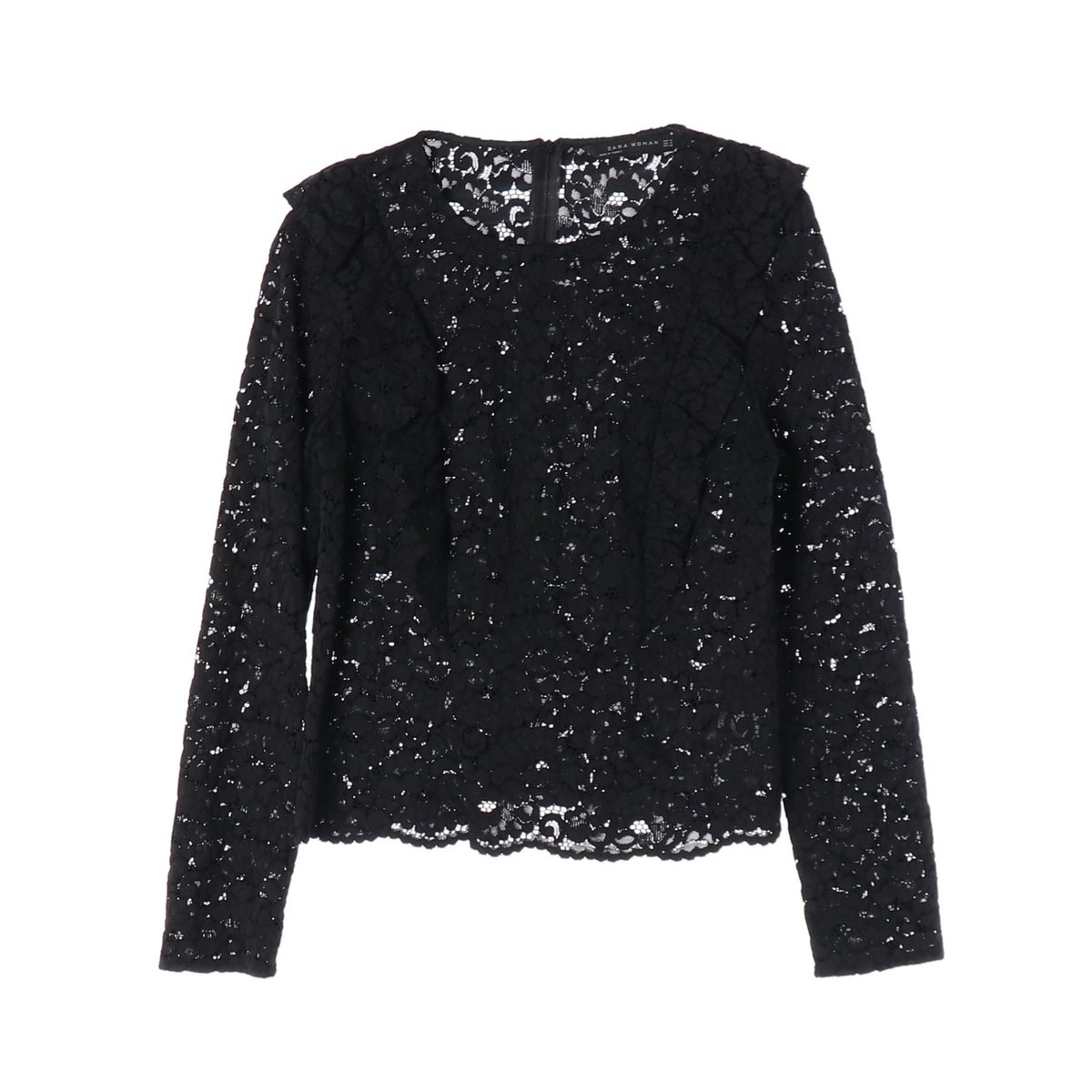 자라 러플 레이스 라운드 긴팔  블라우스 블랙 M