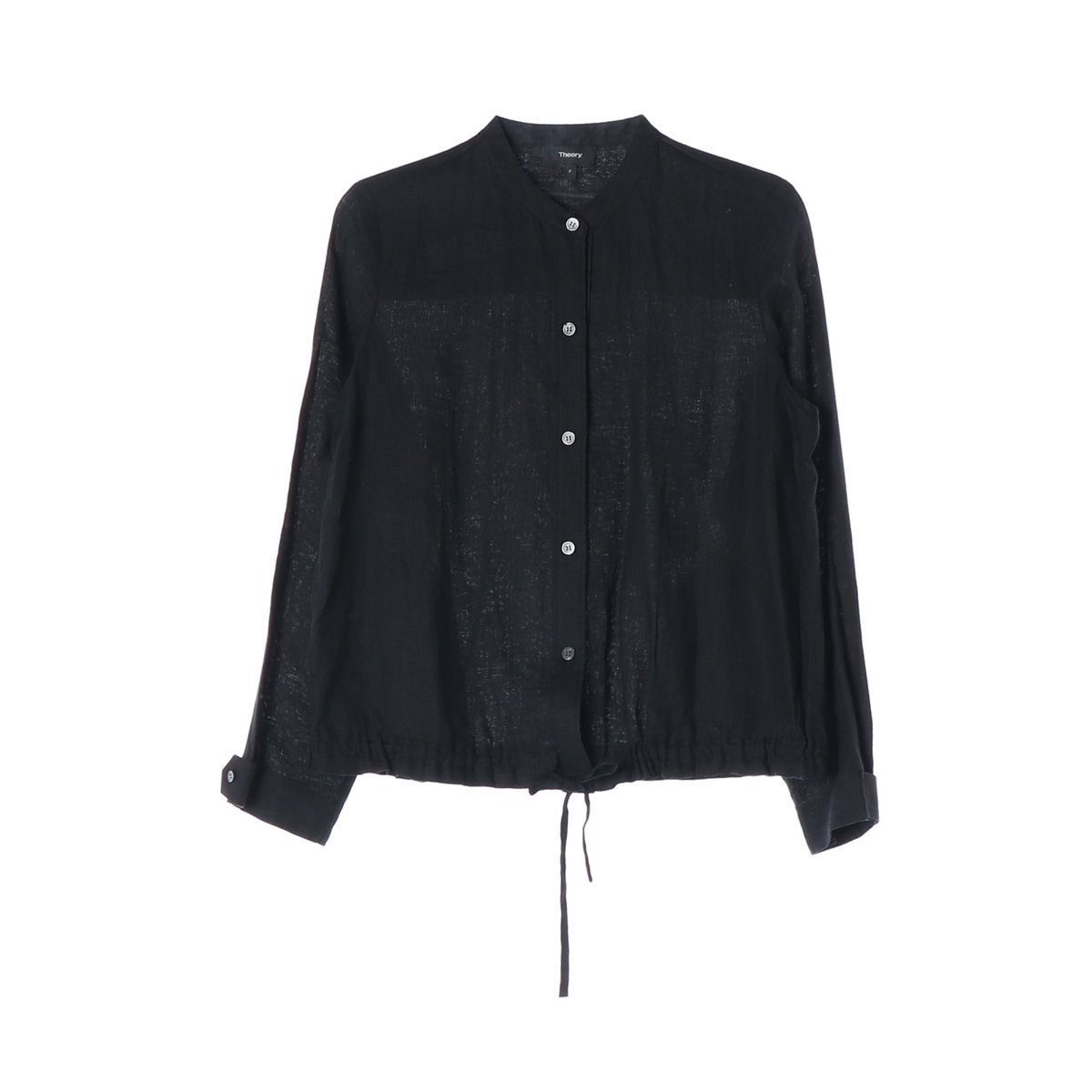 띠어리 린넨100% 스트링 노카라 차이나카라 셔츠 블라우스 블랙