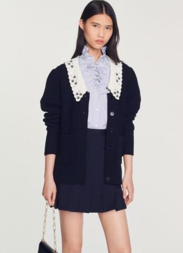 산드로 자수 카라 케이블 울 니트 가디건  1 사이즈