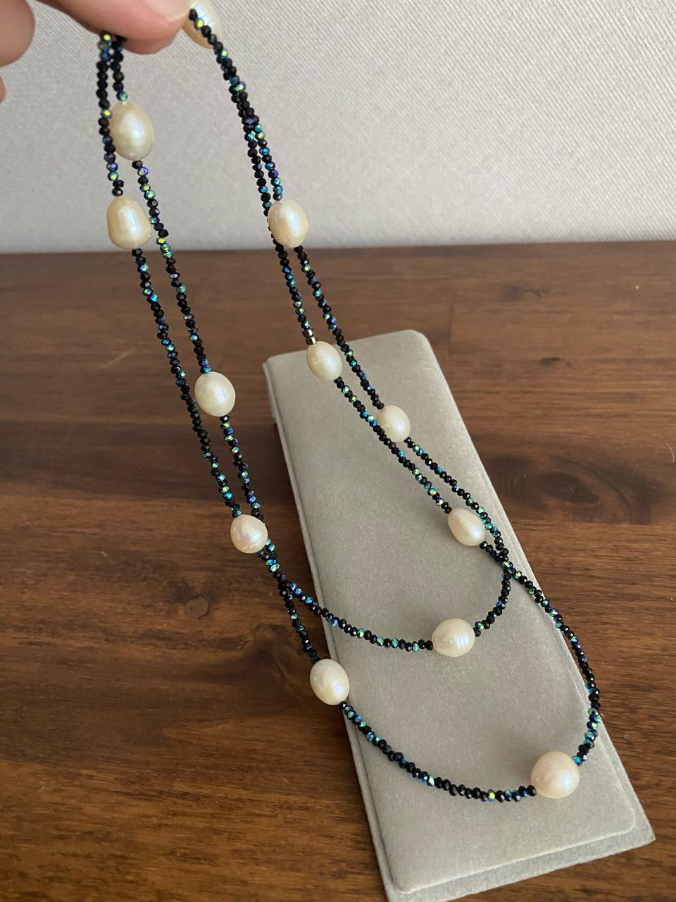 천연 담수진주+원석 비드 롱목걸이