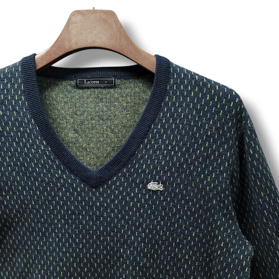 [105/5] 라코스테 네이비 토트그린 브이넥 울 니트