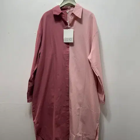 배색 롱 셔츠 핑크/버건디 셔츠 원피스 새상품