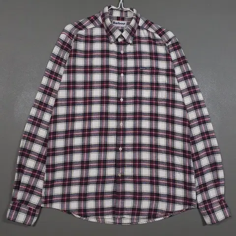 M (95) 바버 알더튼 플란넬 버튼다운 다체크 셔츠 에크루 테일러드핏