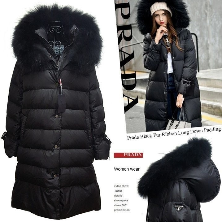 프라다 블랙퍼 소매리본 거위털 롱다운 패딩