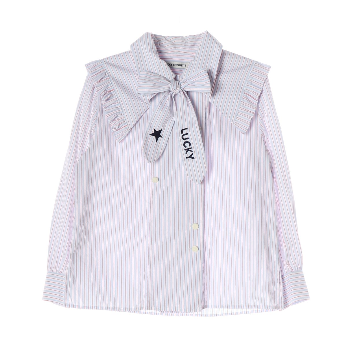 럭키슈에뜨 로고 리본 타이 세일러 카라 스트라이프 셔츠