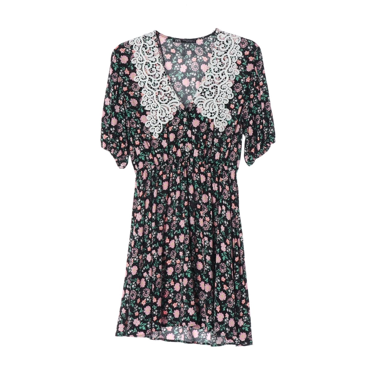 자라 레이스 오픈 카라 플로럴 반팔 원피스