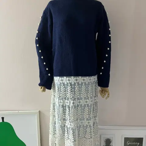 파티수진주레이스롱니트(네이비)