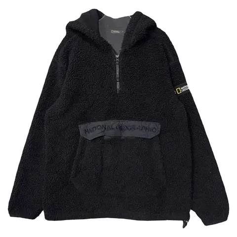 내셔널지오그래픽 블랙 양털 뽀글이 완장 로고 후리스 후드 95(M)