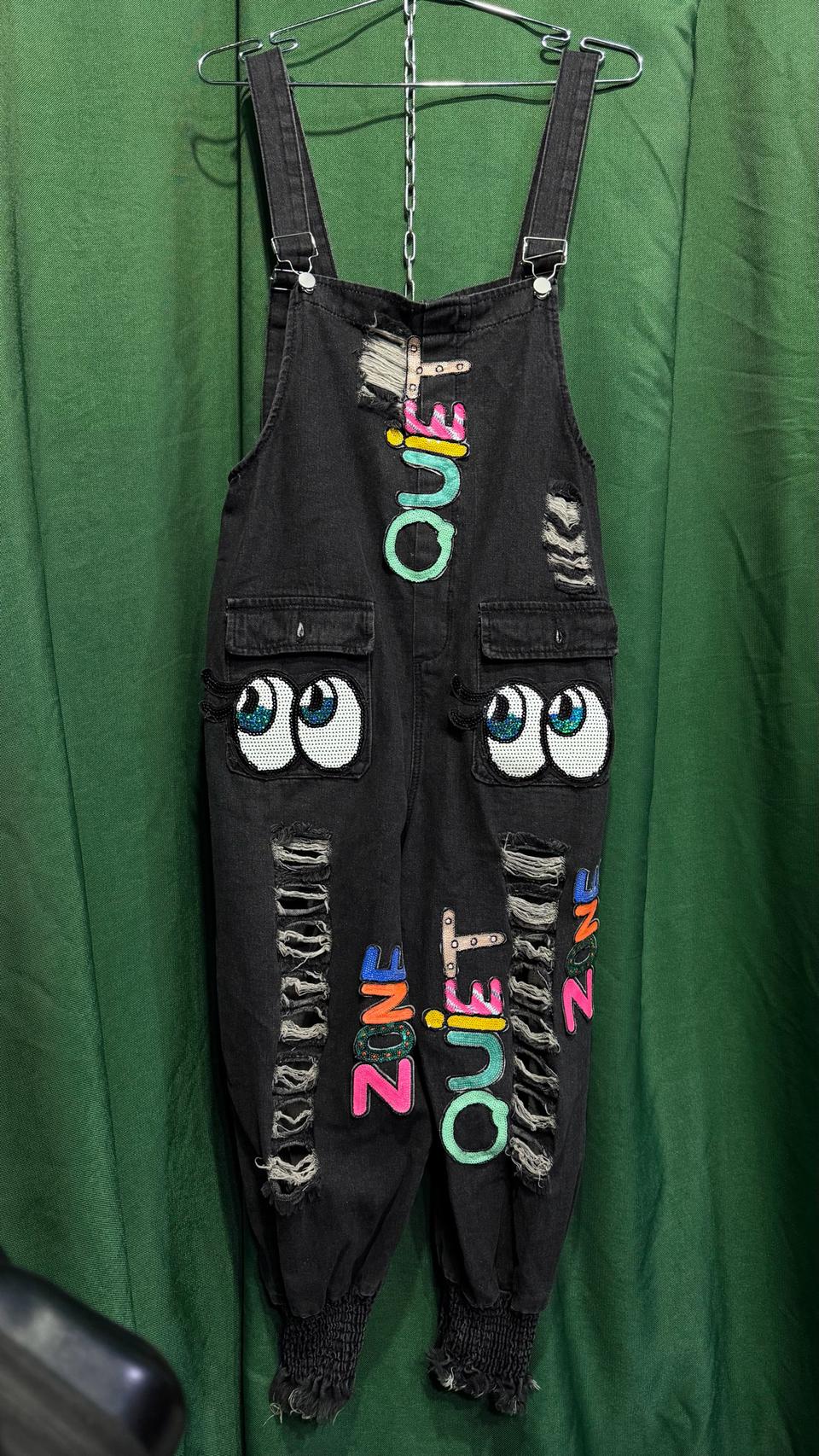 스팽글 눈동자패치 오버롤 멜빵바지 L