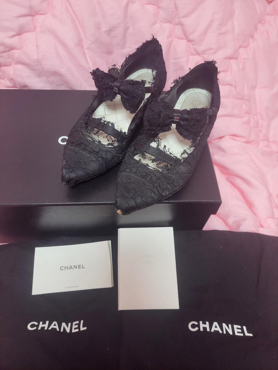 정품)급처상태양호!샤넬 로고 리본레이스 메리제인 스트랩 플랫슈즈 공주구두