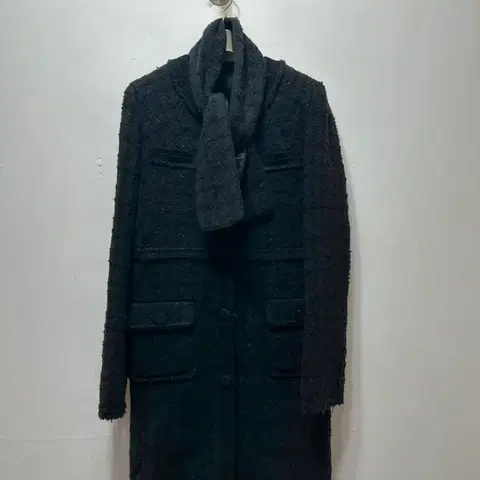 시스템 여성 블랙 트위트 코트 자켓 스카프 세트 S