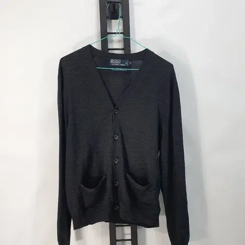 폴로 랄프로렌 가디건 엘보우 레더 패치 울 브이넥 니트 차콜 그레이 m