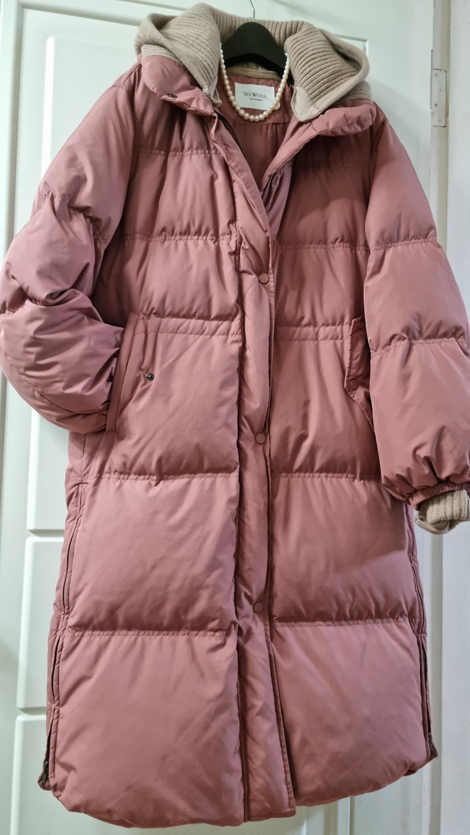 쏘울 핑크 구스다운 울니트후드 롱패딩