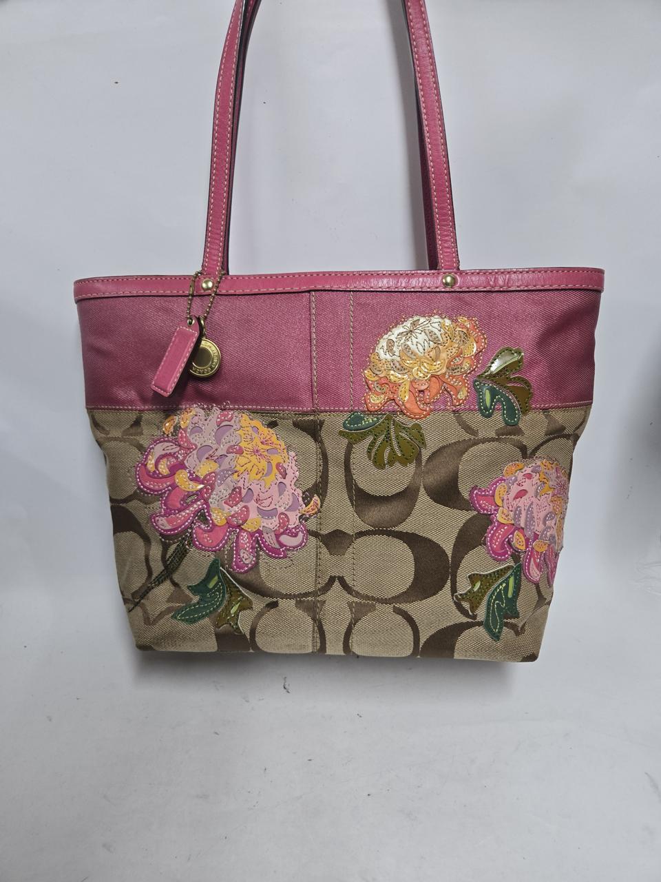 코치 시그니처 플라워 핑크 토트백