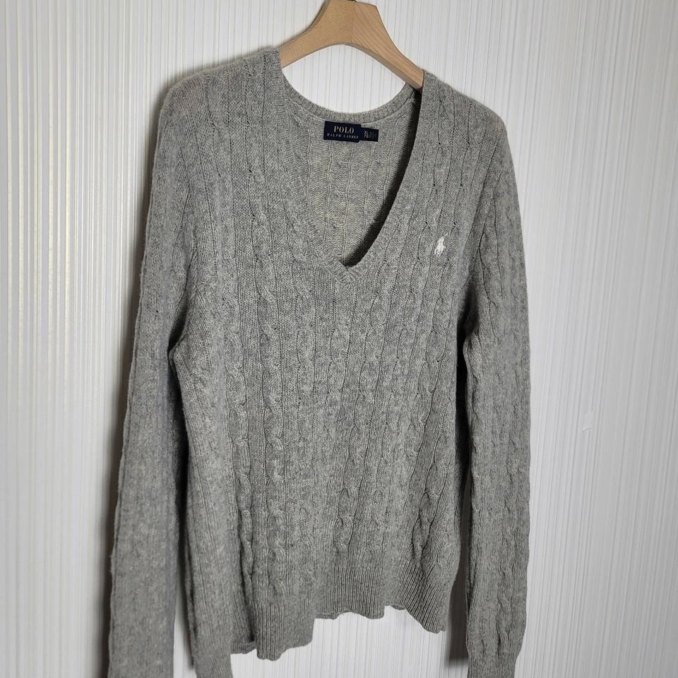 여성xl 폴로 캐시미어혼방 꽈배기 V넥 니트 메리노울 오트밀그레이