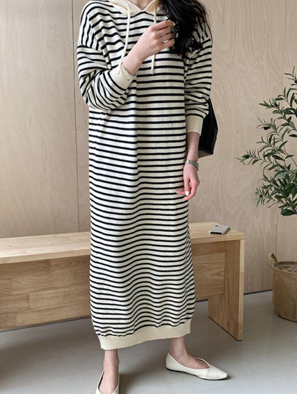 스트라이프 니트 후드 롱원피스