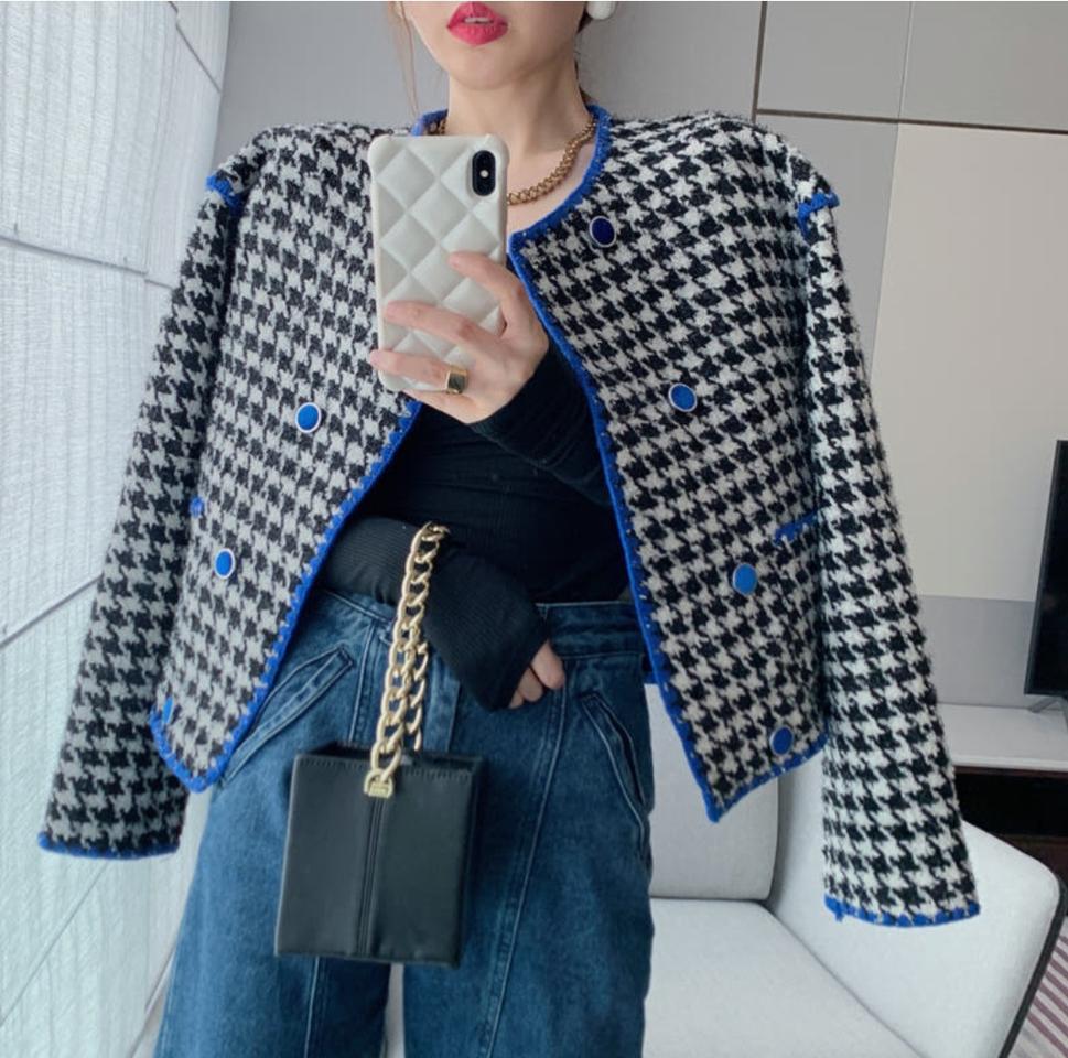 블루 배색 하운드투스체크 트위드 자켓
