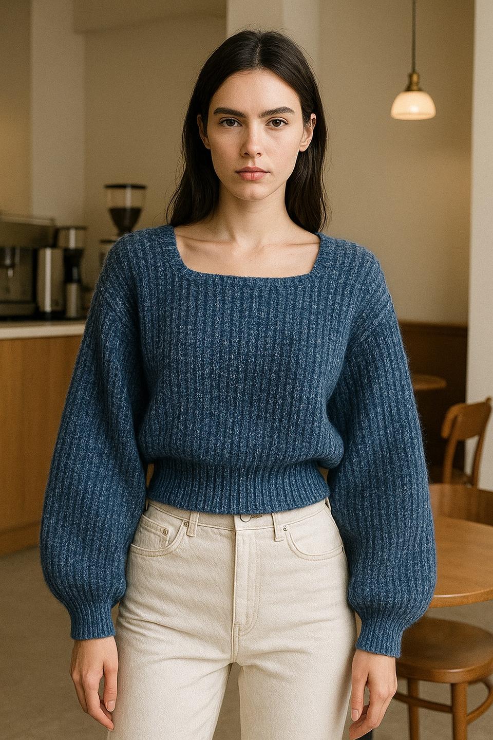 박시핏 스퀘어넥 데님블루 크롭 드롭숄더 니트 긴팔티셔츠